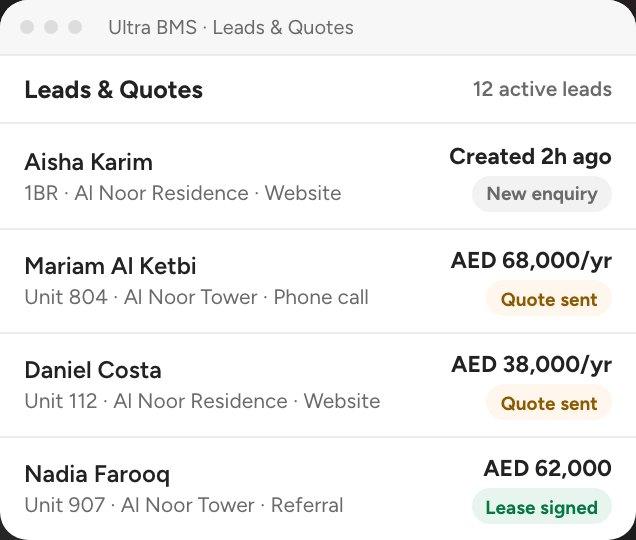 Leads and quotes: the enquiry board, from new enquiry to lease signed