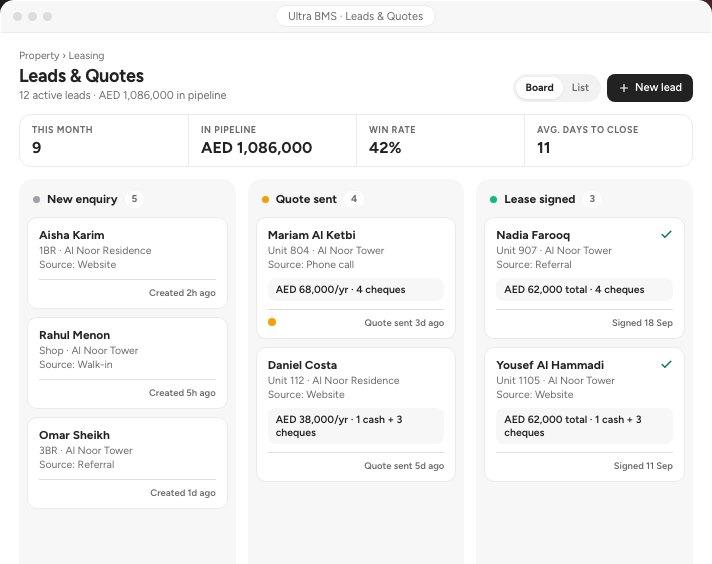 Leads and quotes: the enquiry board, from new enquiry to lease signed