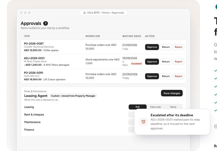 The approvals inbox with two purchase orders and an escalated stock adjustment, and a custom Leasing Agent role