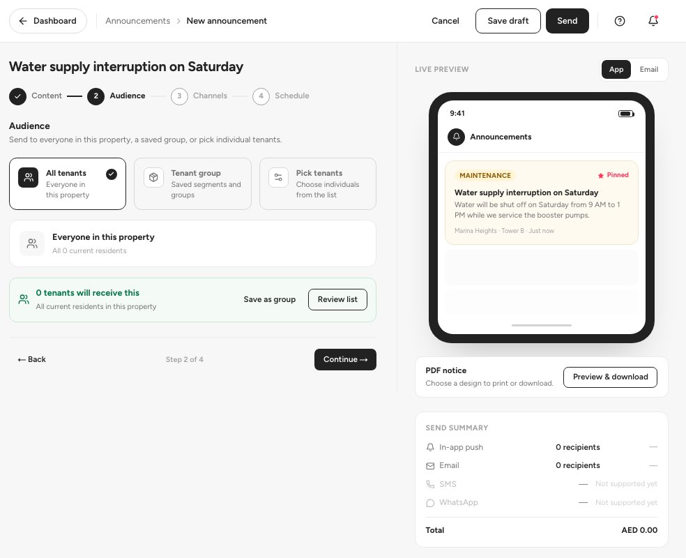 Step 2 of the New announcement wizard with the three audience options and the number of recipients.