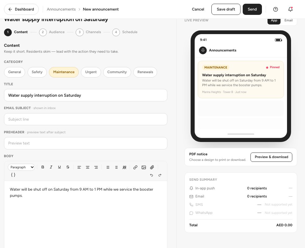 Step 1 of the New announcement wizard with the category, title and body filled in and a live preview.