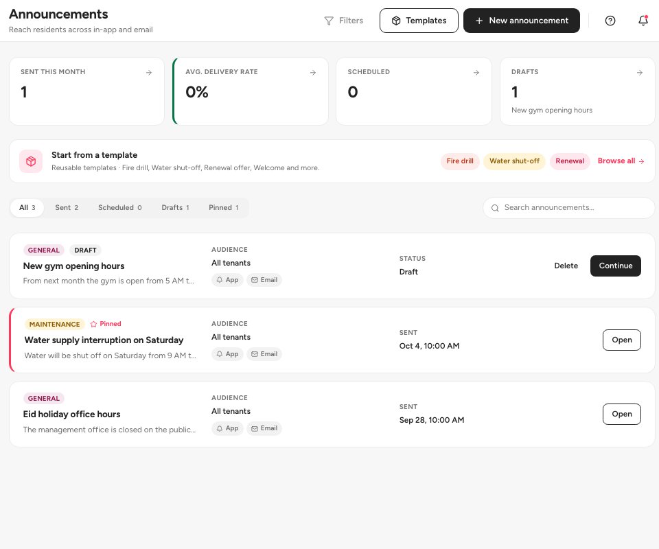 The Announcements page with its summary tiles and the list of sent and draft announcements.