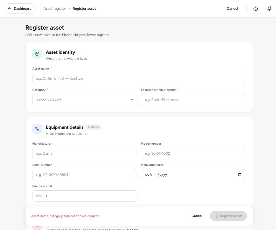 The Register asset form with the asset identity, equipment details, warranty and preventive maintenance sections.
