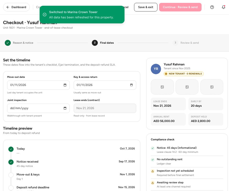 Step 2 of the check-out with the move-out, key return and joint inspection dates and the timeline preview.