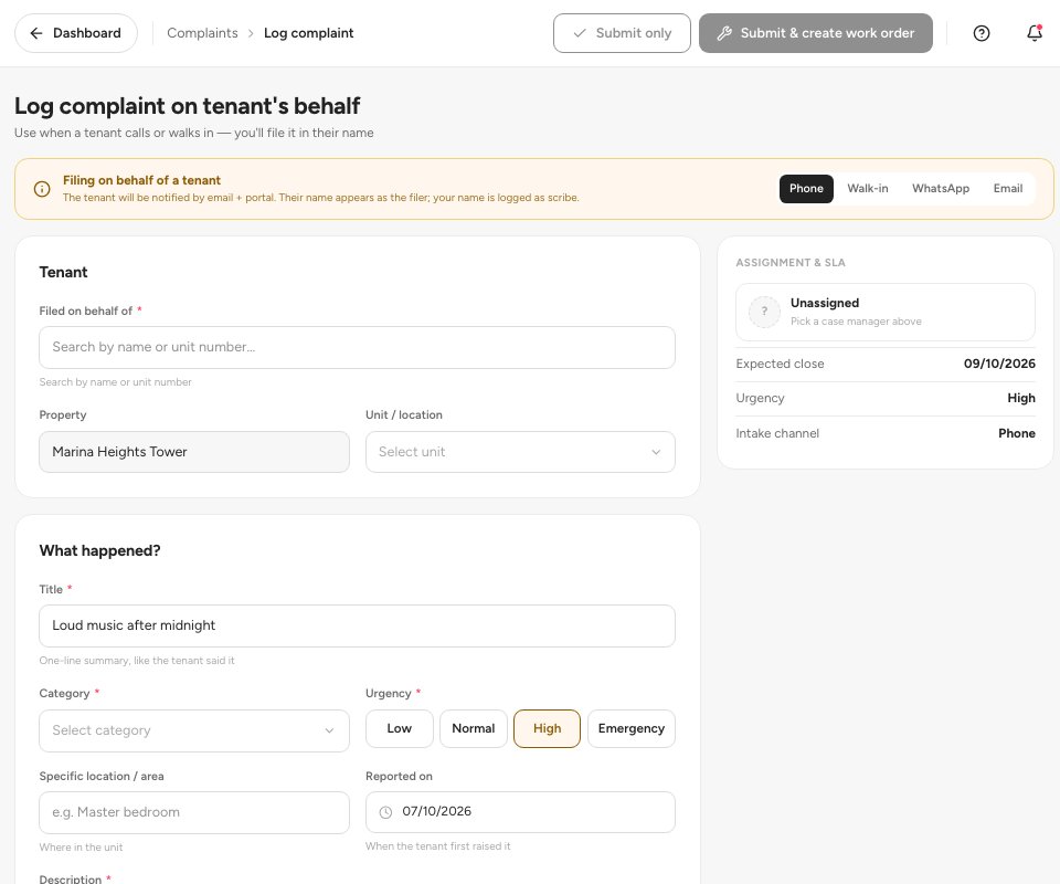 The Log complaint on tenant’s behalf form with the channel, the tenant, the issue and the assignment.
