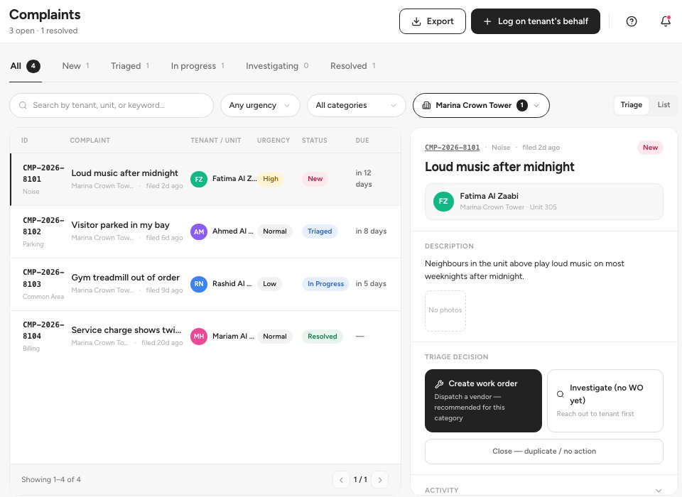The Complaints page with the status tabs, the filters and the list of complaints.