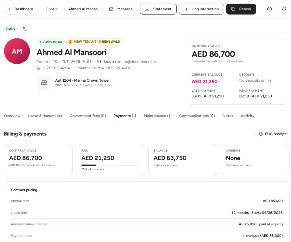 The Payments tab of a lease with the contract value, the amount paid, the balance and the contract pricing.