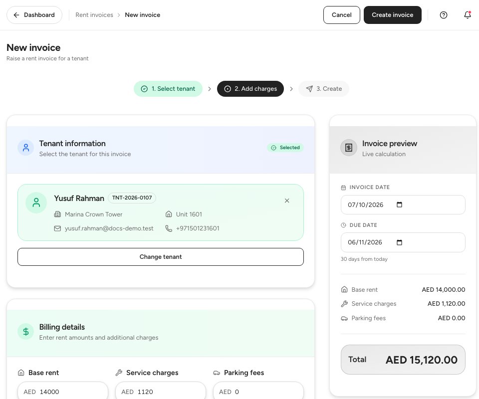 The New invoice form with a tenant selected, the billing details and the live invoice preview.