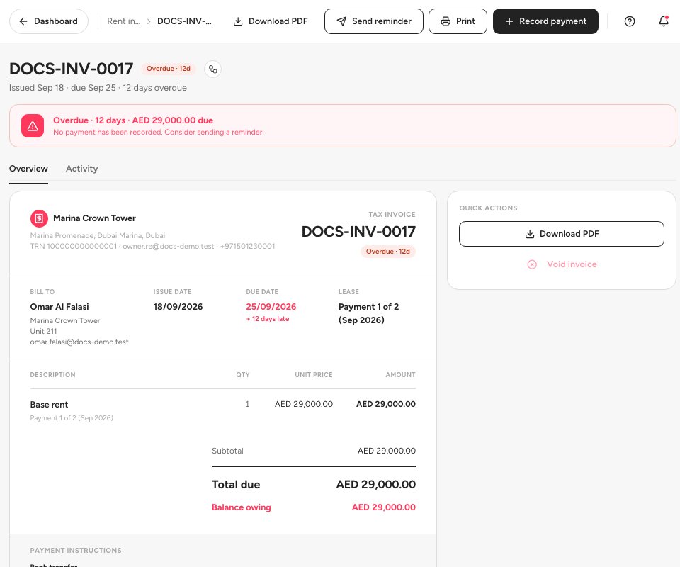 An invoice with its bill-to details, the amount owing and the Record payment, Send reminder and Download PDF actions.