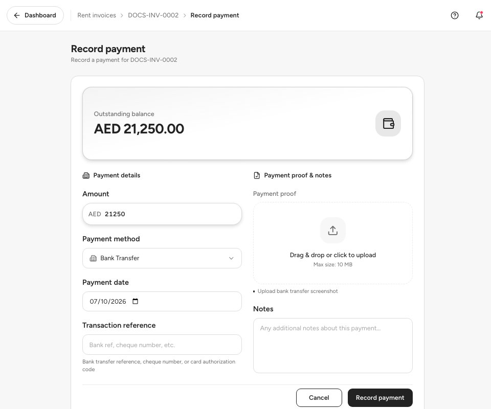 The Record payment form with the amount, the payment method, the date and the reference.