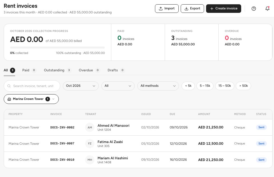 The Rent invoices page with the collection summary, the status tabs, the filters and the invoice table.