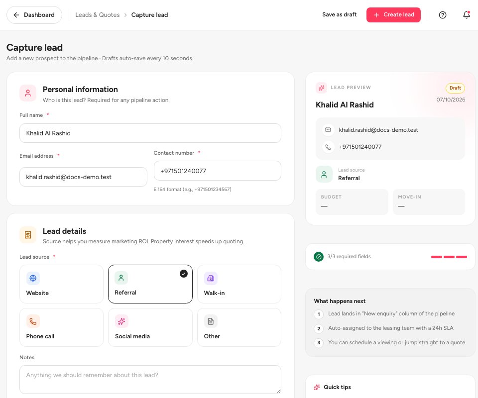 The Capture lead form with the name, email, phone and lead source filled in and a live preview.
