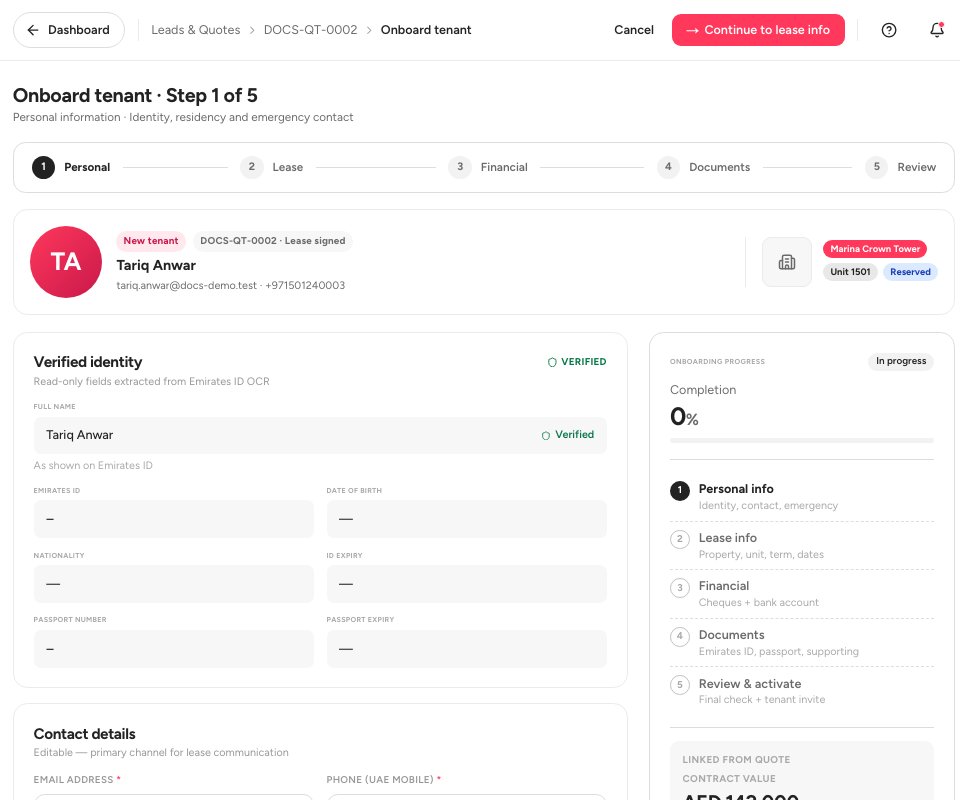 Step 1 of tenant onboarding with the verified identity and the contact details of the tenant.