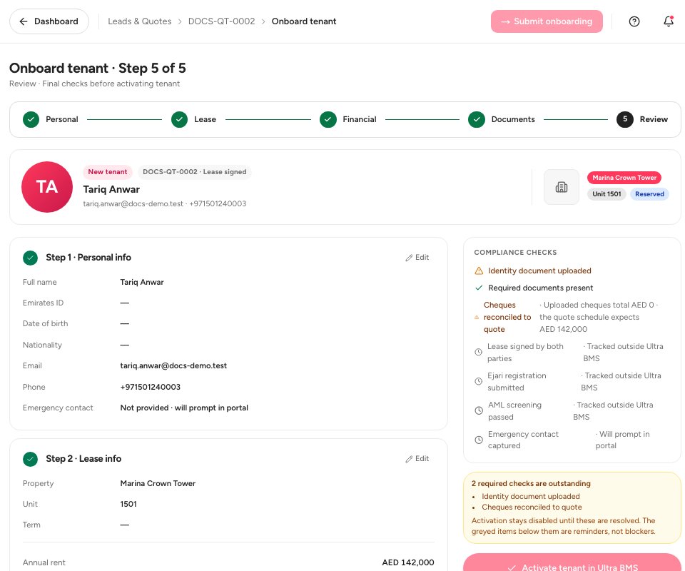 Step 5 of tenant onboarding with the review of every step and the compliance checks.