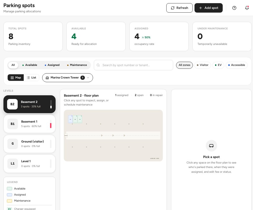 The Parking spots page with the totals, the filters, the level list and the floor plan.