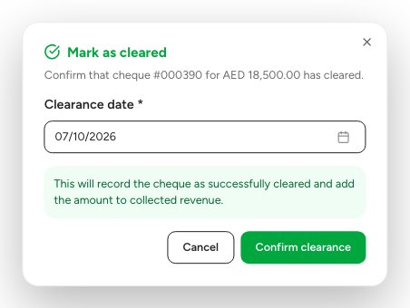 The Mark as cleared dialog with the clearance date and the Confirm clearance button.