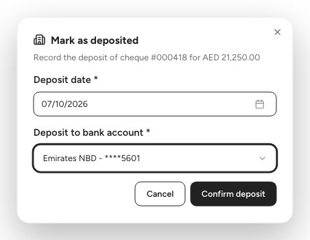 The Mark as deposited dialog with the deposit date, the bank account and the Confirm deposit button.