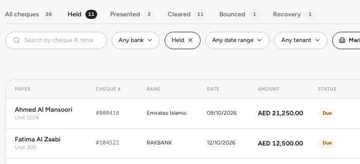 The PDC management register on the Held tab, with a Due cheque at the top of the list.
