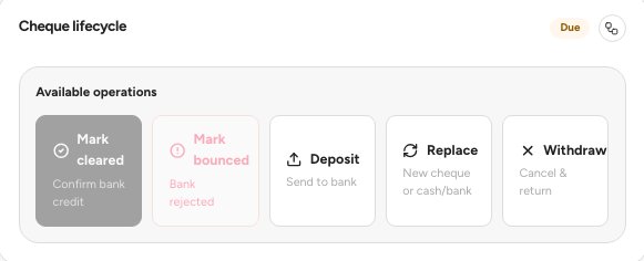 A cheque page with the Cheque lifecycle panel and its Available operations, the Deposit tile marked.