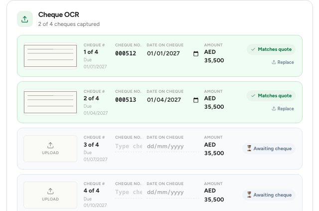 Step 3 of tenant onboarding with the Cheque OCR rows: two cheques captured and marked Matches quote, an Upload button on the third.