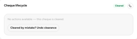 The Cheque lifecycle panel of a cleared cheque, with Cleared by mistake? Undo clearance marked.