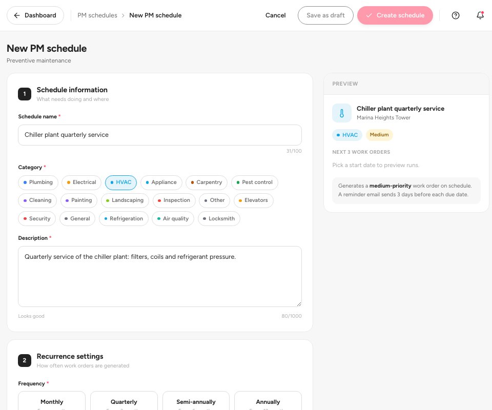 The New PM schedule form with the schedule information, the recurrence settings and the assignment defaults.