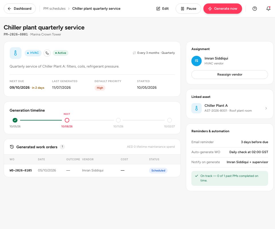 One PM schedule with its generation timeline, the generated work orders and the reminders panel.
