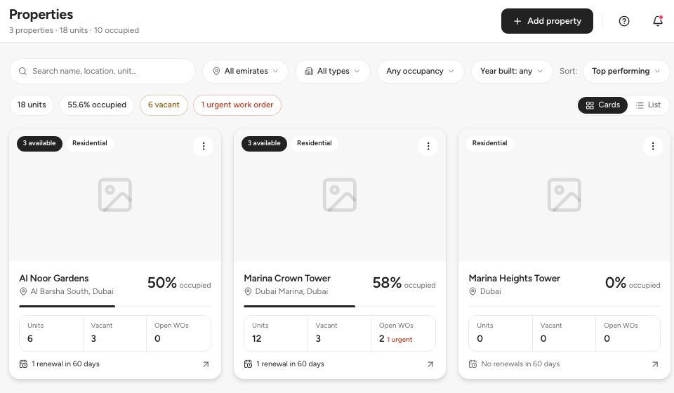 The Properties page with one card for each building, the search box and the Add property button.