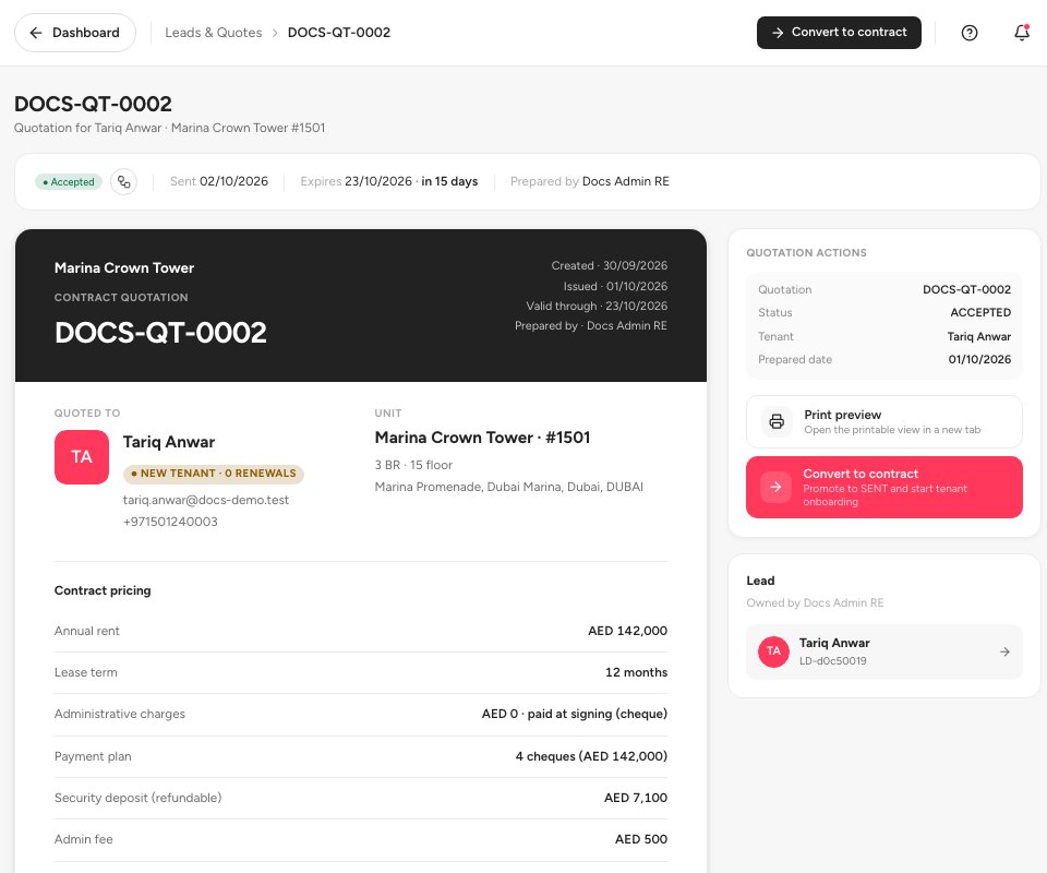 An accepted quotation with its contract pricing and the Convert to contract and Print preview actions.