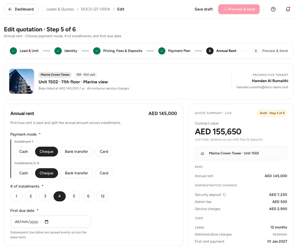 Step 5 of the quotation with the payment mode, the number of installments and the first due date.