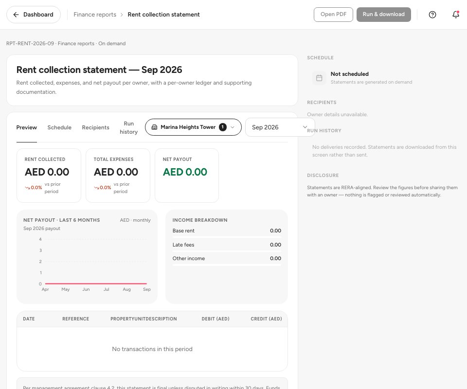 The rent collection statement of September 2026 with the rent collected, the expenses and the net payout.