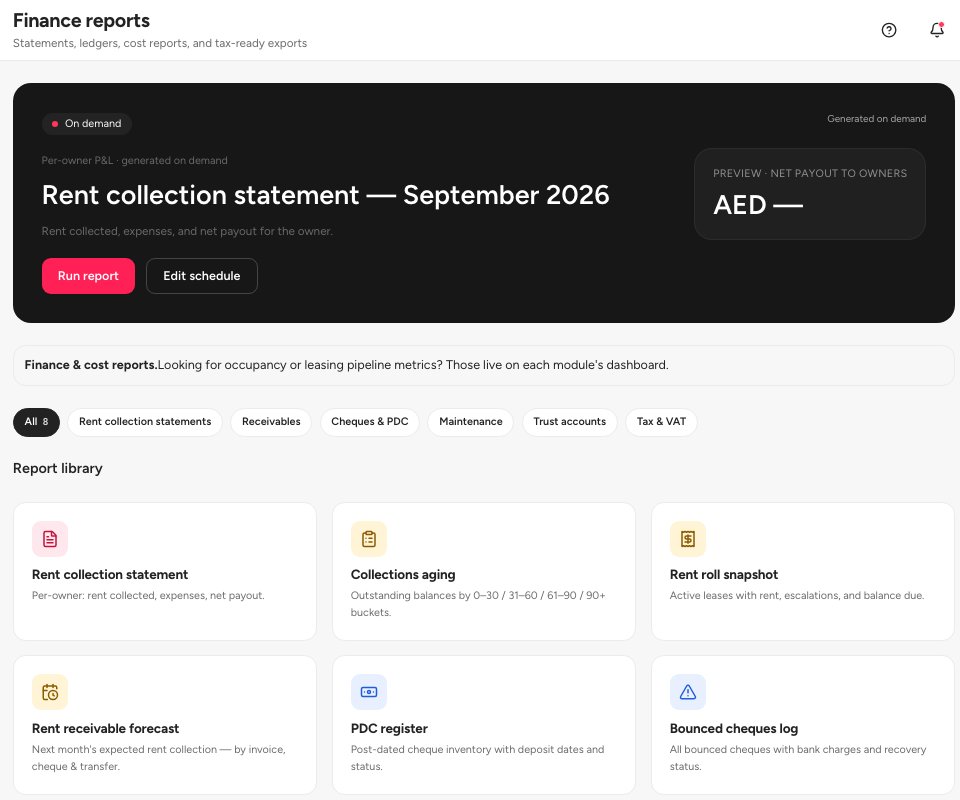 The Finance reports page with the latest rent collection statement and the report library.