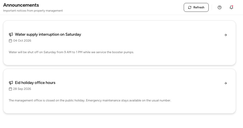 The tenant’s Announcements page with two announcements from property management.