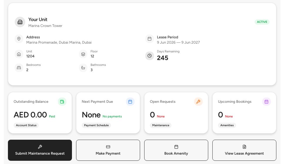 The tenant dashboard with the unit and lease details, the outstanding balance and the quick actions.