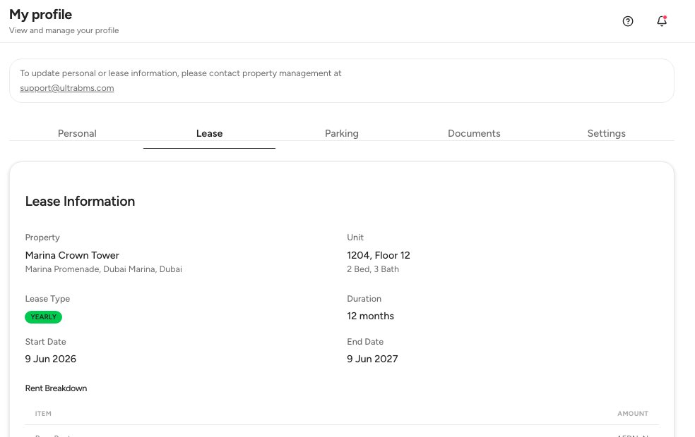 The tenant profile on the Lease tab with the property, the unit, the lease dates and the rent breakdown.