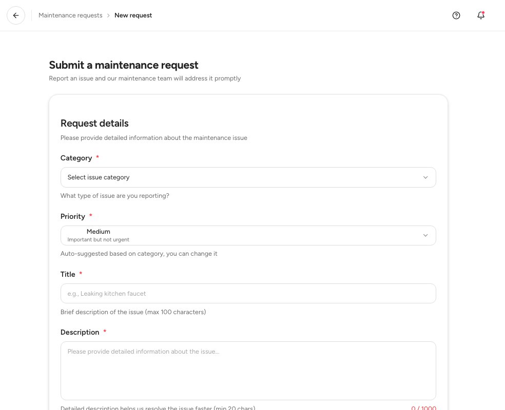 The tenant’s Submit a maintenance request form with the category, priority, title and description.