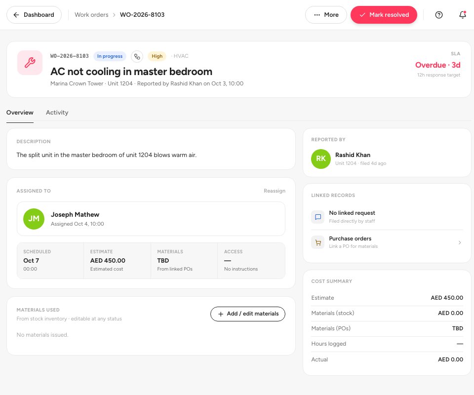 A work order in progress with its assignee, the Mark resolved button and the cost summary.