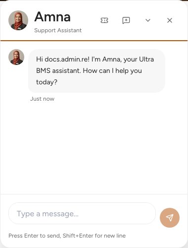 The chat panel with Amna's greeting, the header buttons and the message box