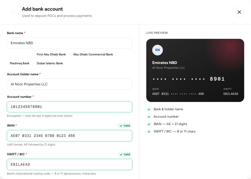 The bank account form with Bank name, IBAN and SWIFT / BIC, and the live preview of the card