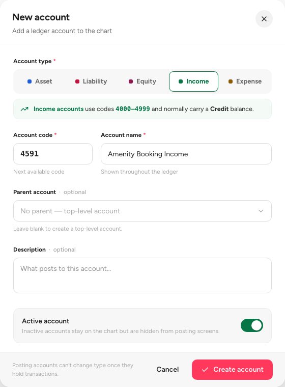 The New account dialog with Account type, Account code and Account name