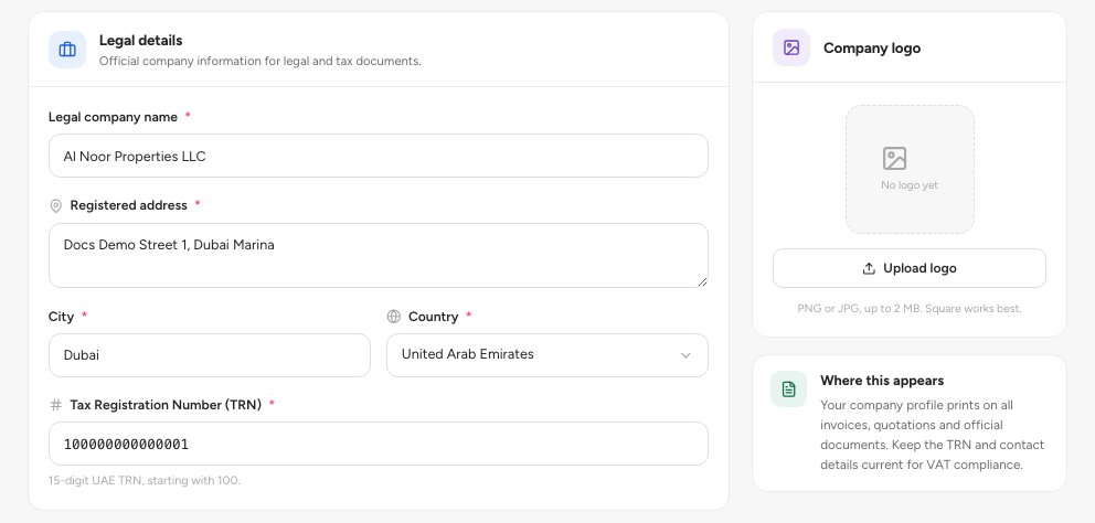The company profile with the logo card, the Legal company name and the Tax Registration Number fields