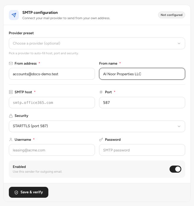 The Email sender screen with the SMTP configuration card, its status chip and the Provider preset list