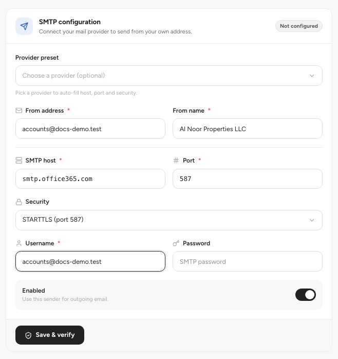 The SMTP form with From address, host, port, security and the Save and verify button