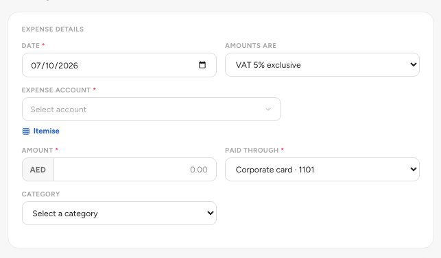 The expense details with Date, Amounts are, Expense account and Paid through