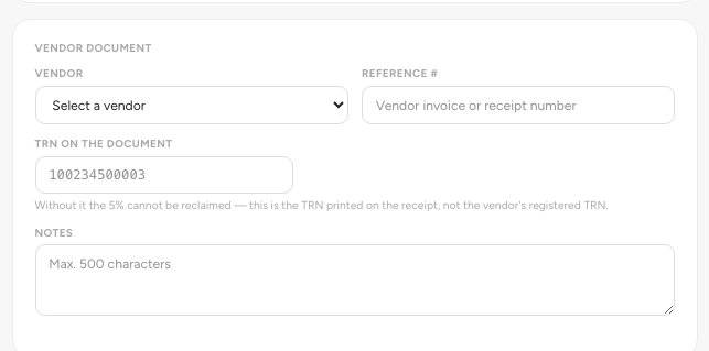 The vendor document card with Vendor, Reference number and TRN on the document