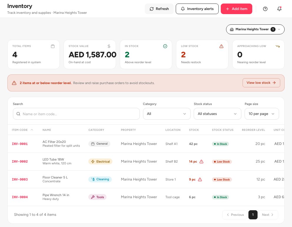 The Inventory screen with the Total items, Stock value, In stock, Low stock and Approaching low cards and the Add item button