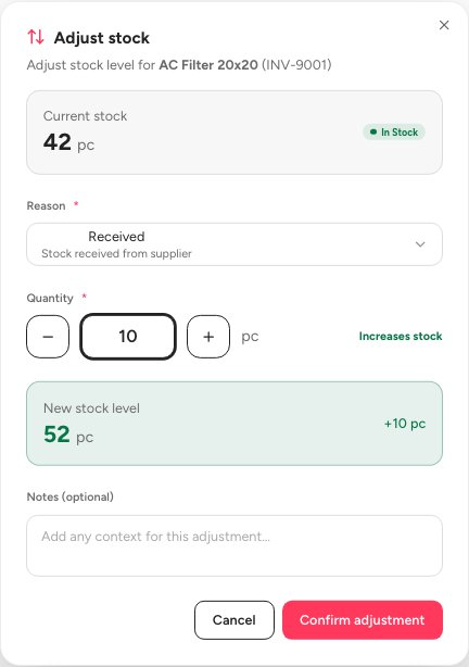 The adjust stock dialog with the Reason list, the quantity and the new stock level