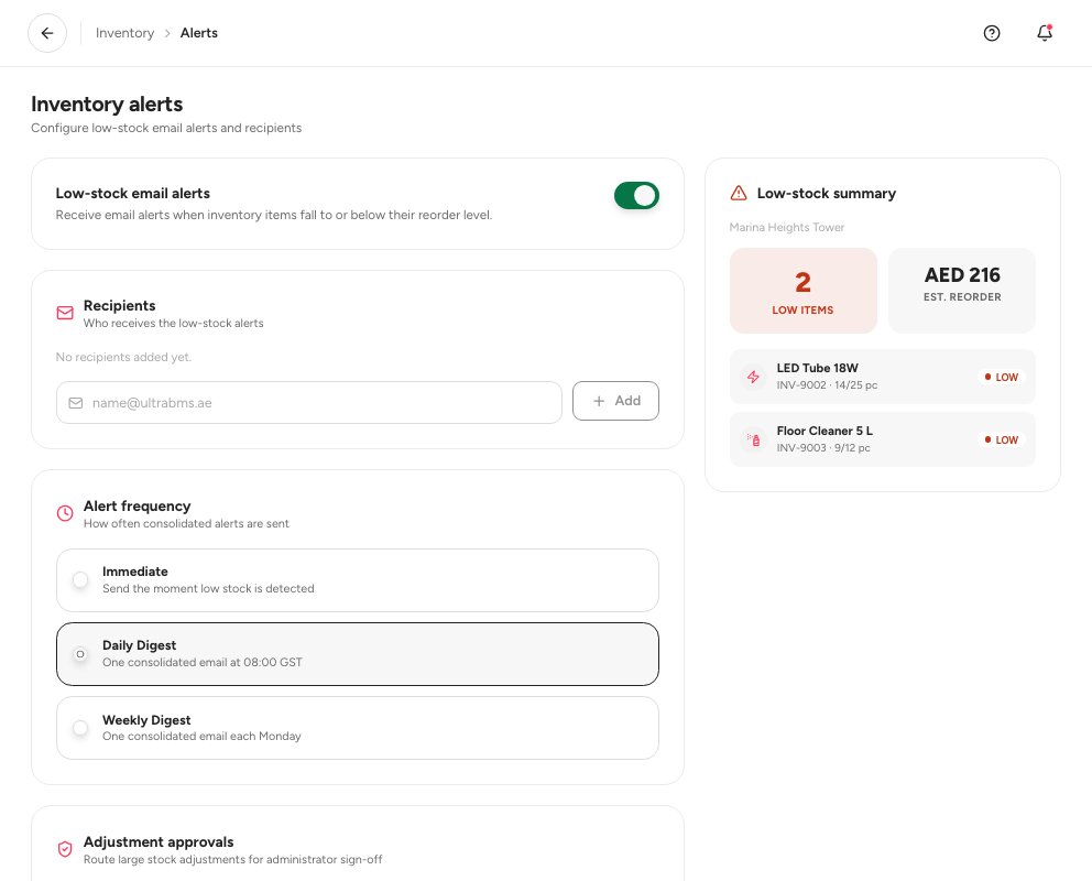 The Inventory alerts screen with the recipients, the alert frequency and the adjustment approvals setting