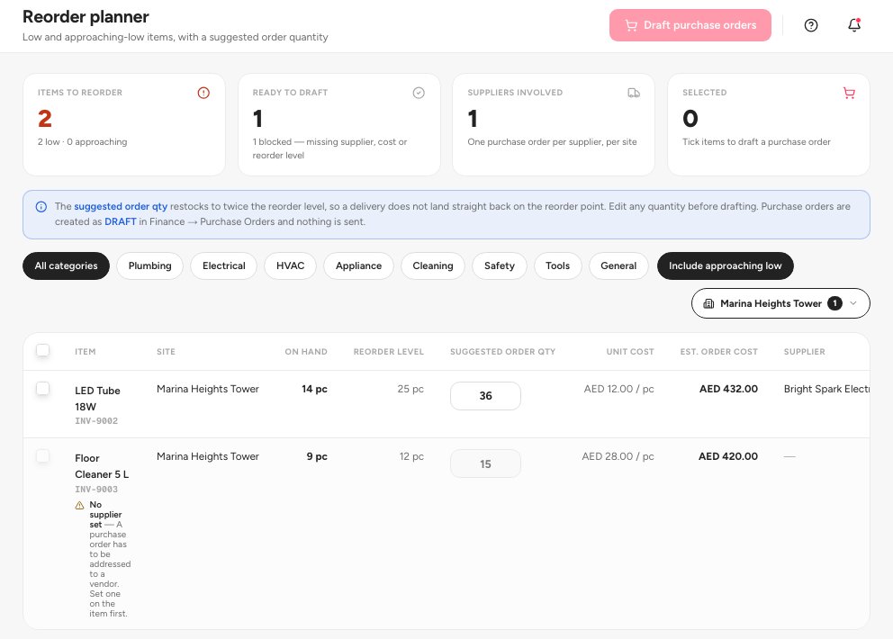 The Reorder planner with the suggested order quantities and the Draft purchase orders button