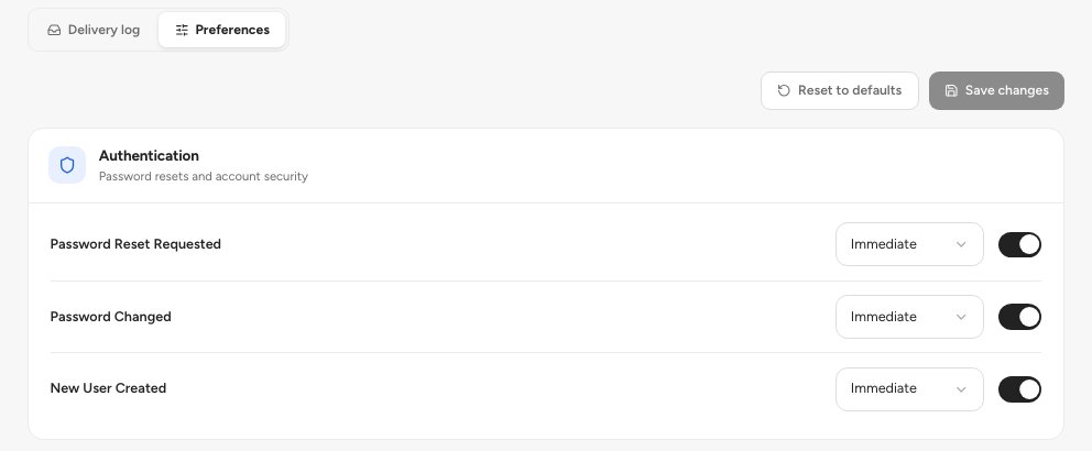 The Preferences tab with a switch and a delivery setting on each kind of event